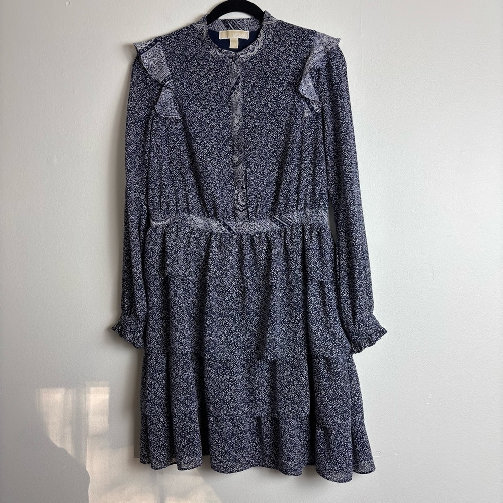 Michael Kors women’s tiered ruffle dress 8 blue white long sleeve peasant floral